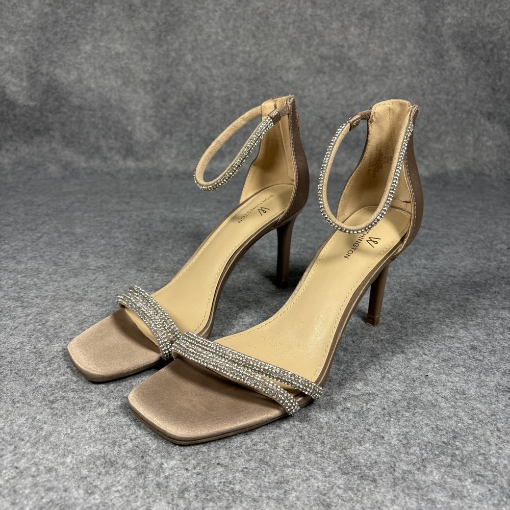 Worthington Fiesty Stiletto Sandals 6.5M Taupe Rhinestone Satin Strappy Heel